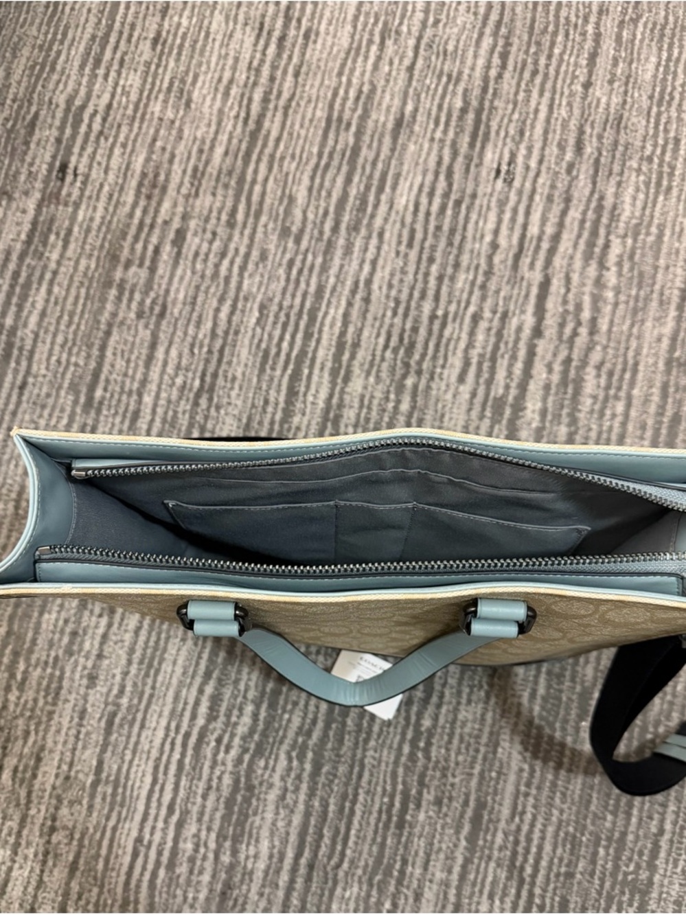 Coach Beige Signature Canvas Tote with Light Blue Trim - Picture 7 of 16